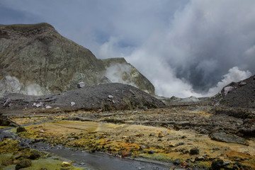 Whakaari / White Island New Zealand active volcano. Moonscape.  Andesite stratovolcano Sulphur mining