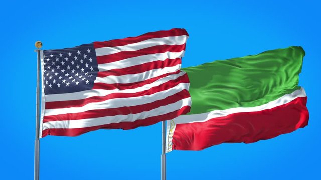 Chechen Republic of Ichkeria and United States flag waving in deep blue sky together. High Definition 3D Render.