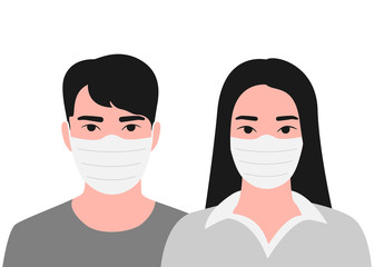 Fototapeta premium Young asian man and woman face in respiratory protective mask. Disease protection. Dangerous cases of flu. Medical health risk. Vector illustration