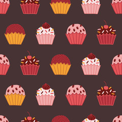 Food seamless pattern with different cupcakes with cream and cherry