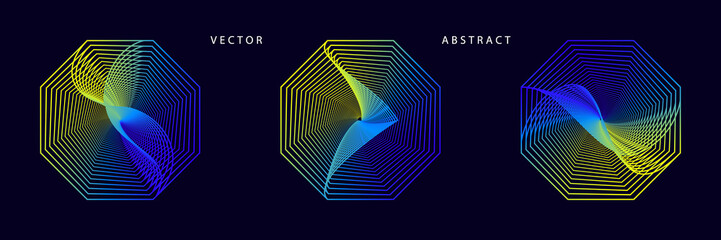 Set of Futuristic Octagonal Graphic Elements on Dark Background. Abstract Vector Symbols.