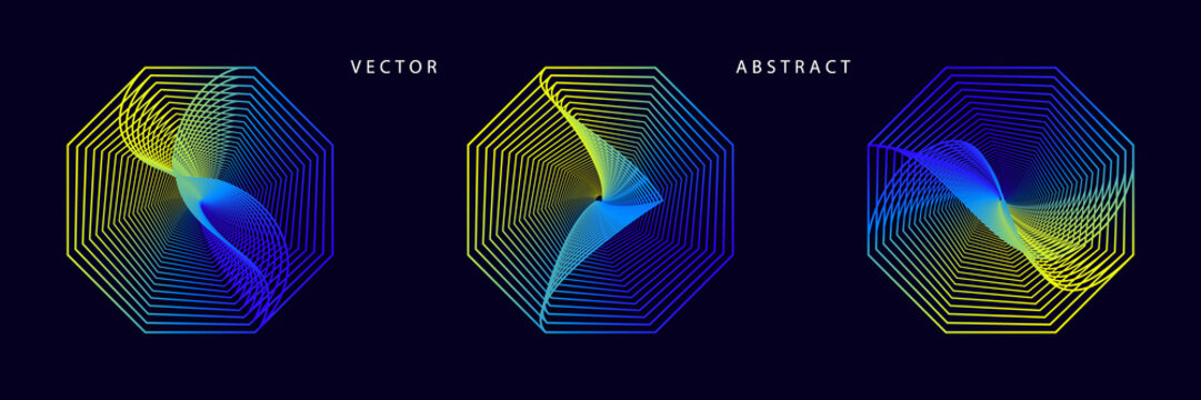 Set of Futuristic Octagonal Graphic Elements on Dark Background. Abstract Vector Symbols.
