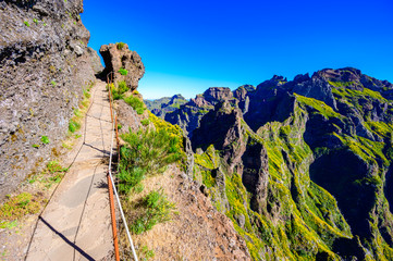 Beautiful hiking trail from Pico do Arieiro to Pico Ruivo, Madeira island. Footpath PR1 - Vereda do...