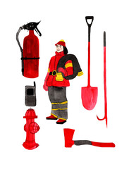 Profession fireman.Watercolor hand drawn illustration of fireman,shovel,hatchet,radio set,fire extinguisner.