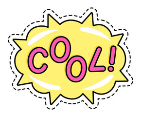 Cool colorful word with exclamation mark on yellow shape of bomb with contour element. Drawing emoji sticker with patch isolated on white. Art typography comic badge with outline symbol vector