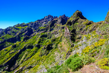 Beautiful hiking trail from Pico do Arieiro to Pico Ruivo, Madeira island. Footpath PR1 - Vereda do Areeiro. On summy summer day above the clouds. Portugal.