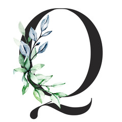 Letter q with watercolor leaf. Floral monogram isolated on white. Leaves  initials perfectly for wedding invitation, greeting card, logo and other design. Holiday design letterhead hand painting. 