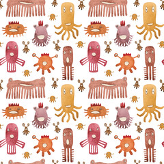Watercolor seamless pattern of funny monsters and germs. Unique creatures for baby products and designer compositions. Multi-colored individuals will look great on fabric or paper.