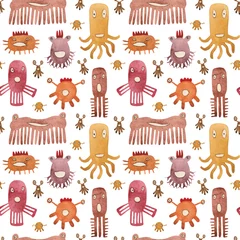 Behang Monsters Aquarel naadloze patroon van grappige monsters en ziektekiemen. Unieke wezens voor babyproducten en designer composities. Veelkleurige individuen zien er geweldig uit op stof of papier.