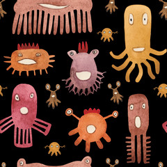 Aquarel naadloze patroon van grappige monsters en ziektekiemen. Unieke wezens voor babyproducten en designer composities. Veelkleurige individuen zien er geweldig uit op stof of papier.