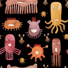 Tapeten Aquarell nahtlose Muster von lustigen Monstern und Keimen. Einzigartige Kreaturen für Babyprodukte und Designerkompositionen. Mehrfarbige Personen werden auf Stoff oder Papier großartig aussehen. © Julia
