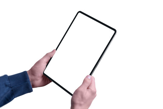 Isolated tablet and background mockup in man hands. Vertical postion