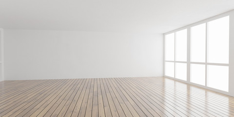 Big white bright loft room architecture render 3d illustration with shiny wooden floor and white textured walls day light high key lighting