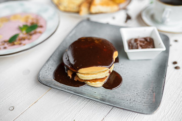 Chocolate Poured Pancakes. tasty breakfast.