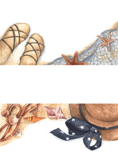 Summer holiday background, flat lay beach women's accessories: Straw hat with bow, shoes, rope and seashells on the sand, draped fishing net and starfish. Copy space. Watercolor illustration.