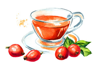 Cup of of wild rose or Rosehip tea with ripe red briar fruits. Hand drawn watercolor illustration, isolated on white background