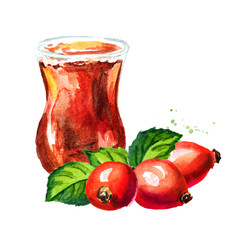 Glass of of wild rose or Rosehip tea with ripe red briar fruits. Hand drawn watercolor illustration, isolated on white background
