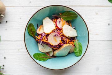 vegetable mix salad. delicious vegetable salad. view from above. White background.