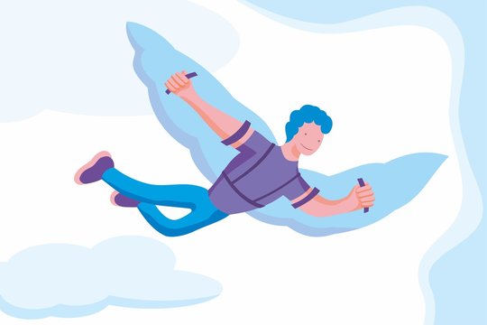 Man flying on wings of the sky to success. Promotion concept. Advertising manager, flat cartoon style. Vector illustration for business and romantic design.