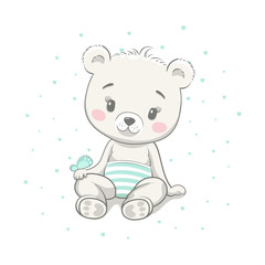 Cute baby bear cartoon vector illustration. Illustration in hand drawing style for baby shower. Greeting card, party invitation, fashion clothes t-shirt print.