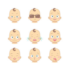 Set of cute cartoon baby or toddler with different funny emotions in flat design cartoon character. Cute children with dissatisfied, business, smiling, crying, laughing, smiling and disgusted face.