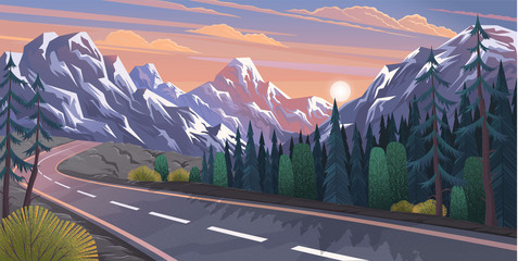 Landscape with curvy road and mountain range. Travel or trip through scenery of rural or countryside surroundings. Adventures road trip and wanderlust. Summer forest by highway in evening on sunset © robu_s