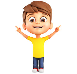 Boy cartoon character points his finger up on a blank space. 3d render illustration.