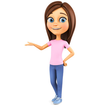 Cheerful cartoon girl character on a white background points a hand to an empty place. 3d render illustration.
