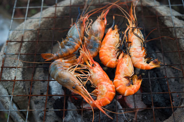 shrimp grilled bbq seafood on stove, outdoor food