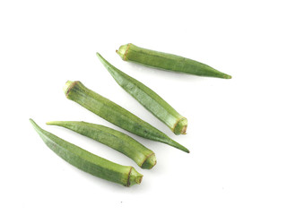 Raw fresh green Okra, Lady's finger, Gombo, Gumbo, Bendee, Quimbamto,Bhindi,Bamies  isolate on white background.Organic food.