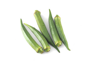 Raw fresh green Okra, Lady's finger, Gombo, Gumbo, Bendee, Quimbamto,Bhindi,Bamies  isolate on white background.Organic food.