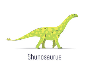 Shunosaurus. Sauropodomorpha dinosaur. Colorful vector illustration of prehistoric creature shunosaurus in hand drawn flat style isolated on white background. Huge fossil dinosaur.