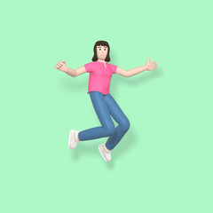 Fototapeta na wymiar 3D rendering character a young, happy, cheerful girl jumping and dancing on a green background. Abstract minimal concept youth, college, school, happiness, success, victory.