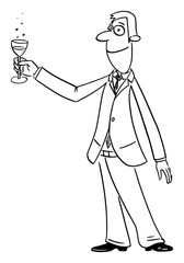 Vector funny comic cartoon drawing of successful businessman or man raising glass of champagne or wine to celebrate success.