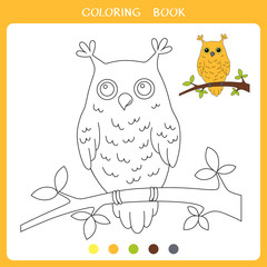 Simple educational game for kids. Illustration of owl sitting on the branch for coloring book