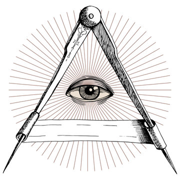 Vector occult icon. Freemason sign all-seeing eye symbol. Ancient compass measuring instrument. Drawing by hand. Element of decorating an old geographical map. 