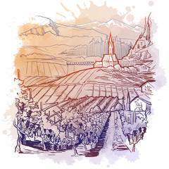 Vinyard in Tirol Alps, Austria. Rural panorama of the mountain valley with a grapevine plantation and village. Vintage design. Linear sketch on a watercolor textured background. EPS10 vector.