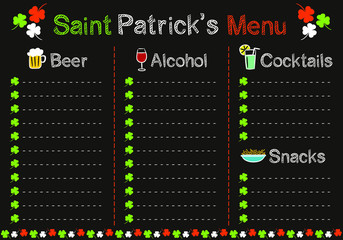 St. Patrick's Day. In the style of a black chalk board in the colors of the Irish flag. Sections with beer, alcohol, cocktail and snacks have their own icons.