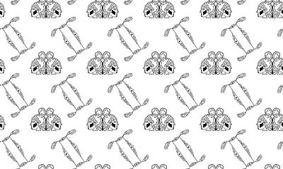 Black and white seamless pattern for the zodiac sign Gemini from vintage doodles. Pair of female heads in patterns and hand-drawn astrological symbols. Monochrome texture for textile, clothes. Vect