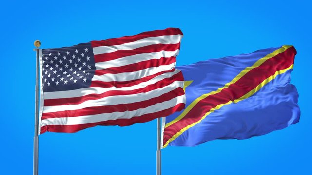 Congo and United States flag waving in deep blue sky together. High Definition 3D Render.