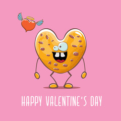 vector funny hand drawn valentines day greeting card with homemade chocolate chip heart shape cookie character isolated on pink background. Happy Valentines day cartoon pink banner or poster.
