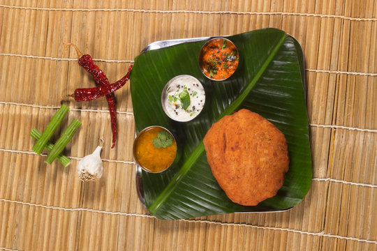 Urad Dal Kachori with both sambar and coconut chutney. Indian Vegetarian Snack