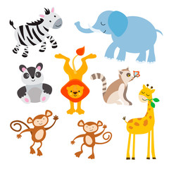 Set of jungle animals for the design of childrens posters, game win award certificates.