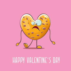 vector funny hand drawn valentines day greeting card with homemade chocolate chip heart shape cookie character isolated on pink background. Happy Valentines day cartoon pink banner or poster.