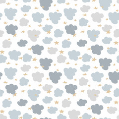 Childish seamless pattern with cute cartoon clouds and stars, vector. Good for textile, fabric, wallpaper, nursery decoration and more