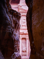 The treasury in Petra Jordan. View from the Siq canyon