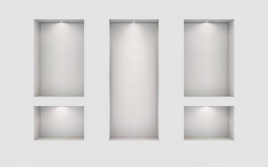 Five illuminated niches on a white wall. Place for an exhibition. Top view mockup template for design. Light effect on a separate layer. Vector. Eps10.