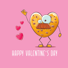 vector funny hand drawn valentines day greeting card with homemade chocolate chip heart shape cookie character isolated on pink background. Happy Valentines day cartoon pink banner or poster.