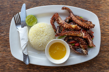 Fried octopus tentacles with white rice on a plate, close up