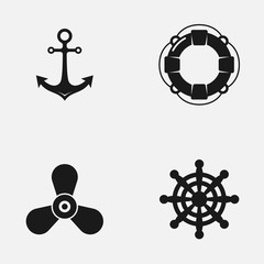 Set of anchor, lifebuoy, steering wheel and propeller black and white vector icon.